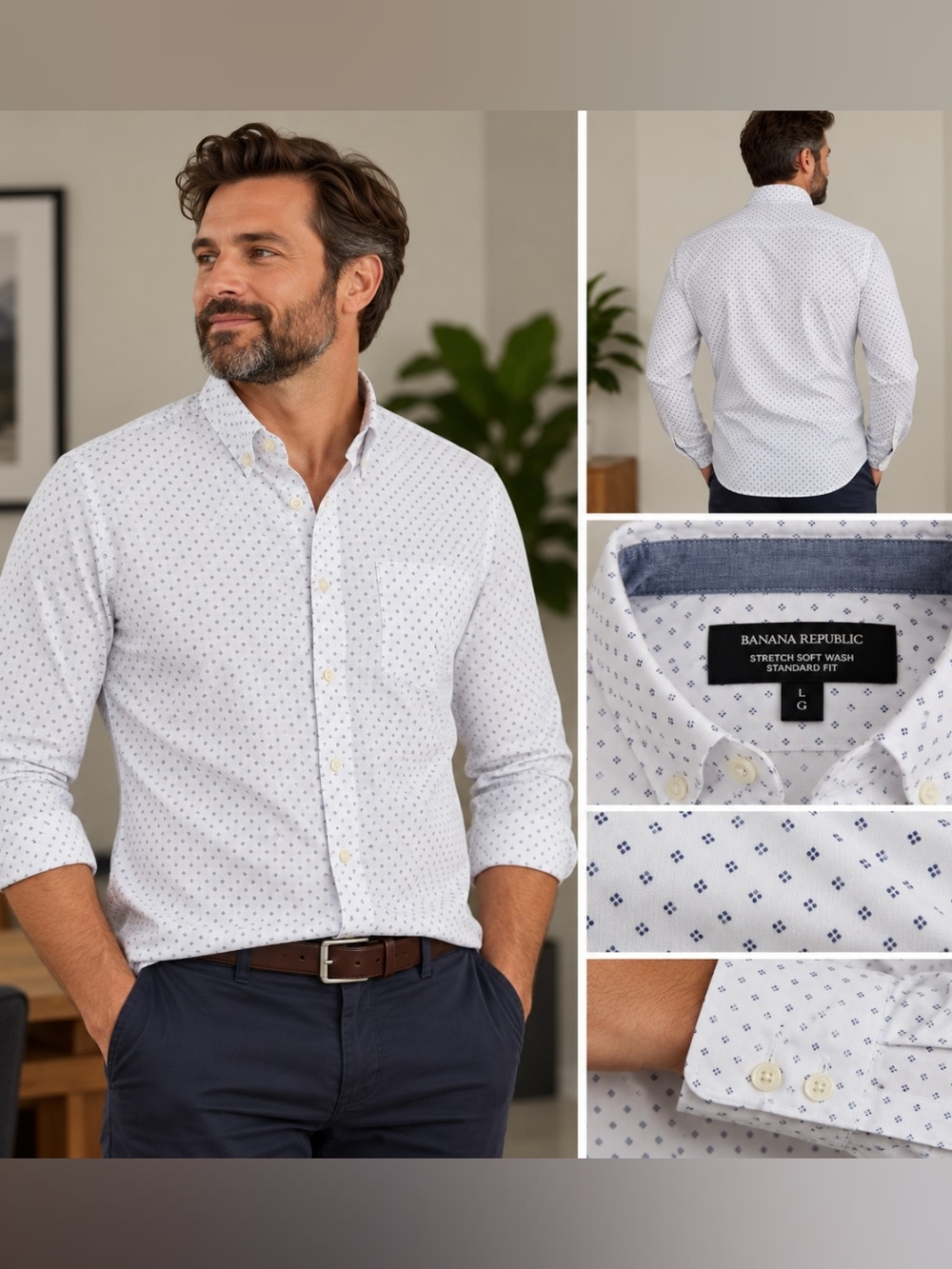 Banana Republic Men's Large White Navy Print Button Down Shirt